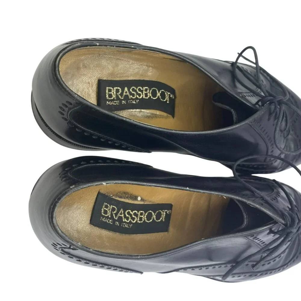 BrassBoot Dress Shoes Mens Size 7.5 Brogue Wingtip Black Oxfords Lace Up - Picture 8 of 8